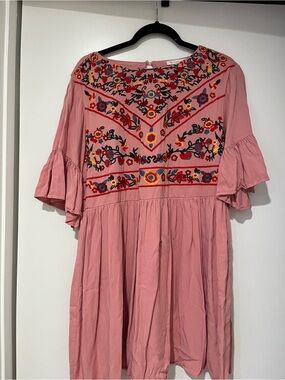 Boho Pink Embroidered Mini Dress